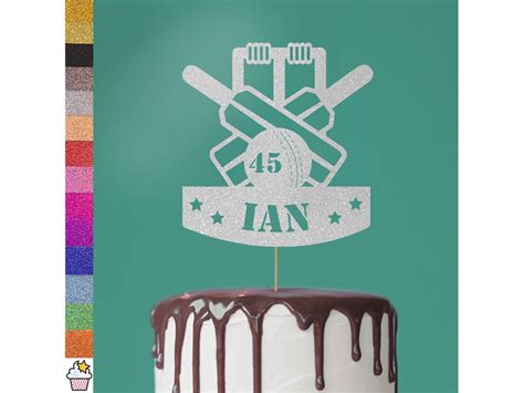 Personalised Cricket Bat & Ball Birthday Glitter Cake Topper by Cakeshop Custom Colour, Any Name ...