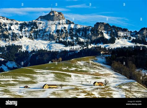 View of the Hoher Kasten peak, in winter, Alpstein, Appenzell Alps, Canton Appenzell ...