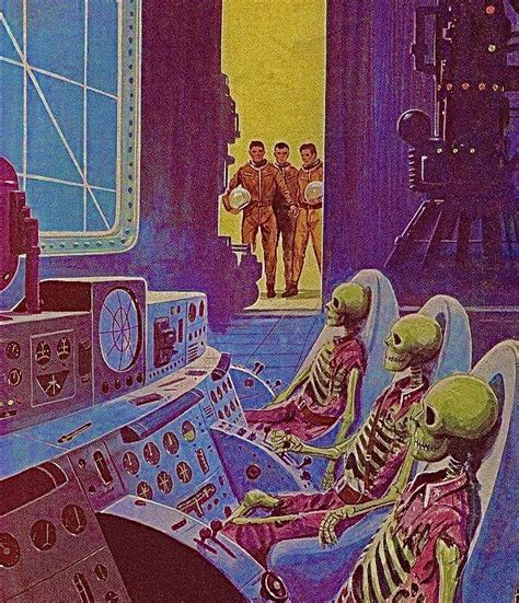 two skeletons are sitting in the cockpit of a space station with other people standing around