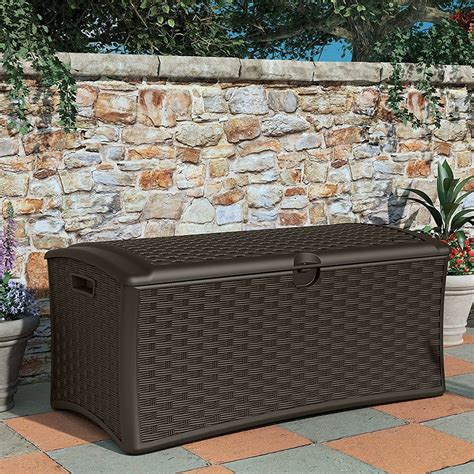 Suncast 72 Gallon Resin Wicker Outdoor Patio Storage Deck Box, Brown ...