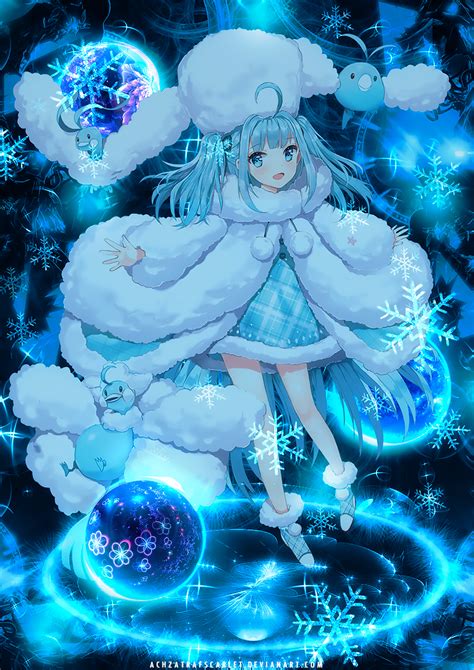 an anime character with blue hair and white fur coat, standing in front of snowflakes