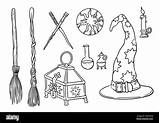 Things Of A magician Hat Wand Broom Treasure Chest Glass Sphere  sketch template