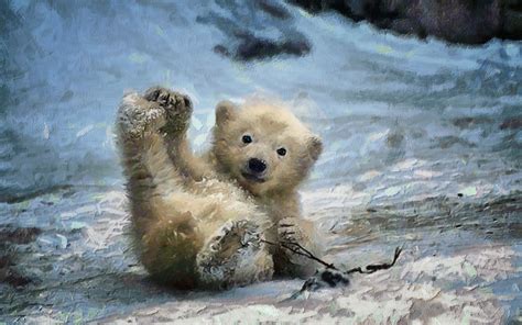 Download Baby Animal Cub Winter Snow Polar Bear Artistic Painting HD Wallpaper