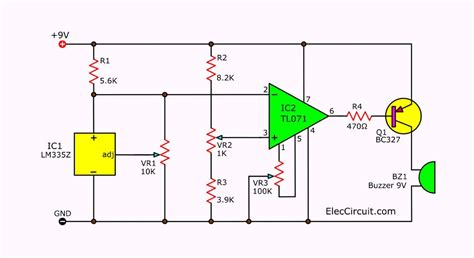 3 Temperature detector circuit with buzzer alarm | ElecCircuit.com