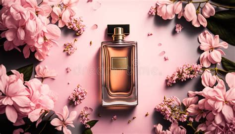 Luxury Perfume with Floral Scent for Women, Glass Fragrance Bottle on Pink Flatlay Background ...