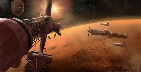 Spaceships in Mars orbit by James Vaughan | human Mars