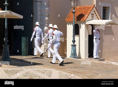 Sentry guard / guards of Prince's Palace, seen from Place du Palais ...