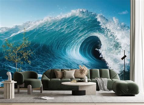 Light Blue Breaking Wave Wallpaper With Funnel of Bubbling Clear Water Mural Sea Landscape Waves ...