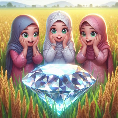Premium AI Image | Muslim girls are shocked to see giant diamonds in the rice fields AI generated
