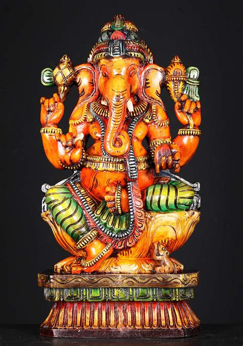 SOLD Wooden Ganesha with Mooshika the Rat 24" (#76w1jg): Lotus Sculpture