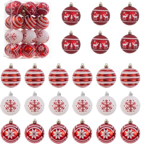 24 Traditional Shatterproof Christmas Ornaments, 60mm Red and White ...