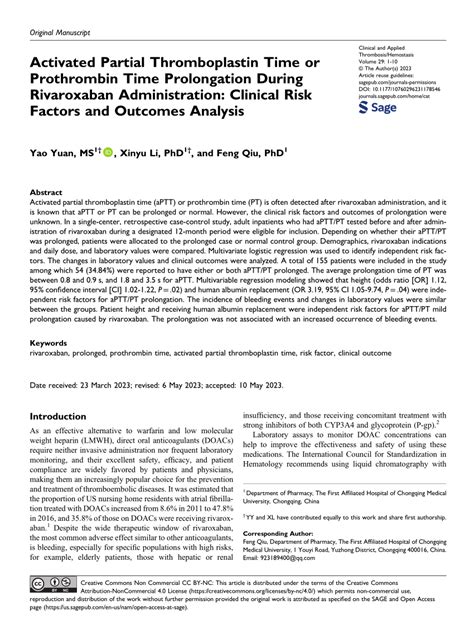 (PDF) Activated Partial Thromboplastin Time or Prothrombin Time Prolongation During Rivaroxaban ...