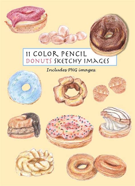 CLIP ART Sketchy Color Pencil Vintage Donuts Set. 11 Images. Digital ...