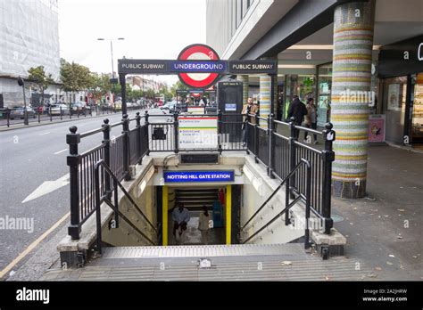 Entrance to Notting Hill Gate underground station and subway, Notting Hill, London, England, UK ...