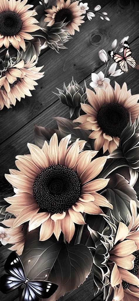 sunflowers and butterflies on a wooden surface