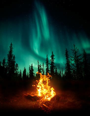 Campfire In The Wilderness With The Northern Lights Stock Photo ...