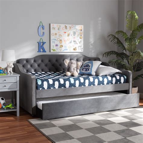 Baxton Studio Freda Button Tufted Twin Size Daybed with Trundle, Gray ...