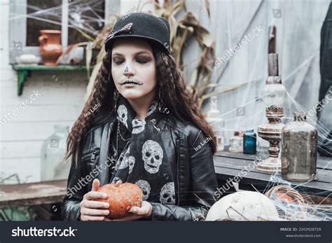 Beautiful Scary Little Girl Celebrating Halloween Stock Photo ...