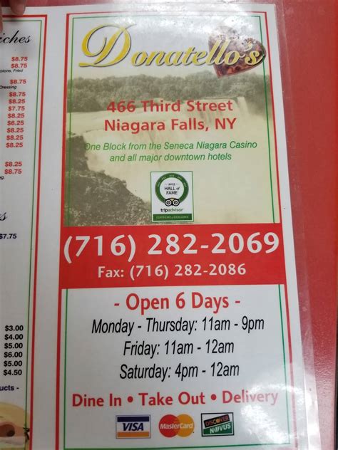 Menu at Donatello's pizzeria, Niagara Falls