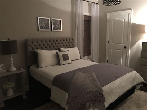 Guest bedroom, accessible beige on walls with gray bedding | Grey bedroom furniture, Bedroom ...