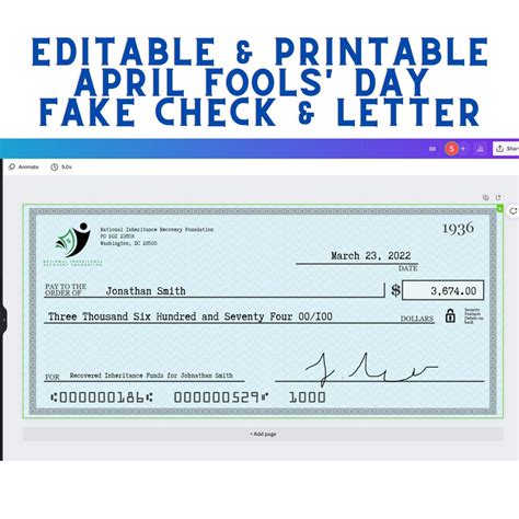 April Fools' Day Prank Easy Editable & Printable Fake Check Fake Inheritance Last Minute Prank ...