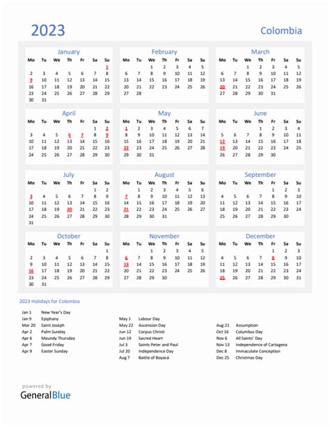 Basic Yearly Calendar with Holidays in Colombia for 2023