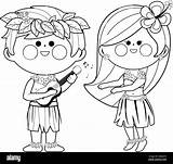Hawaiian Children Playing Music And hula Dancing Vector Black  sketch template