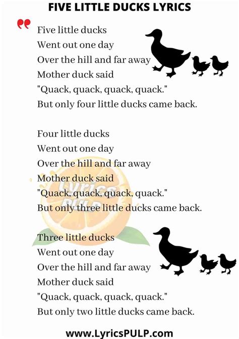 Five Little Ducks Lyrics • Nursery Rhymes | Nursery rhymes preschool, Nursery rhymes songs ...