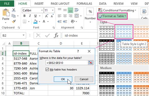 Automatic creation and formatting tables in Excel