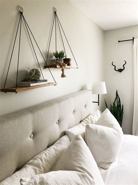 Hanging shelves above bed. Bedroom inspiration, neutral bedroom, linen sheets, tufted headboard ...