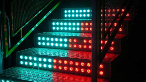 contrast, red, metal, red light, LEDs, lights, stairs, blue light, blue, HD Wallpaper | Rare Gallery