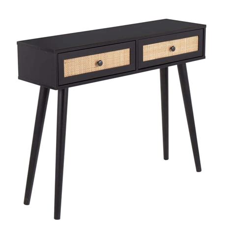 Lumisource Bora Bora 12 in. Black Wood Rectangle Console Table with Sliding Drawers and Rattan ...