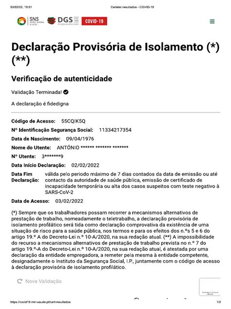 declaração provisória de isolamento profilático segurança social