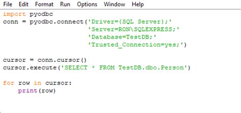 Pyodbc sql server example. connect('Driver={SQL Server};' 'Server=MSSQLSERVER;' 'Database=...