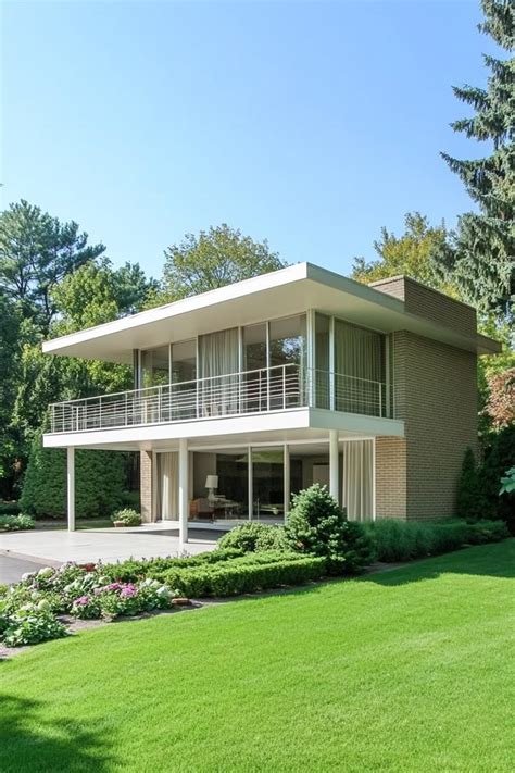 Two Story House With Wide Glass Windows And Lush Garden Peek At The