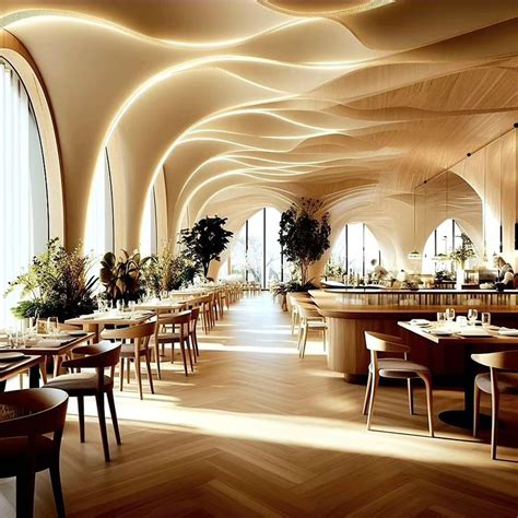 The Interior Of A Restaurant With Wooden Tables And Chairs