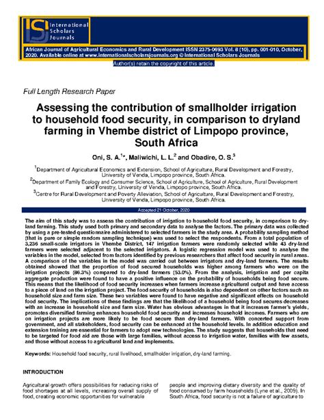 Assessing Smallholder Irrigation's Impact on Food Security in Vhembe ... 