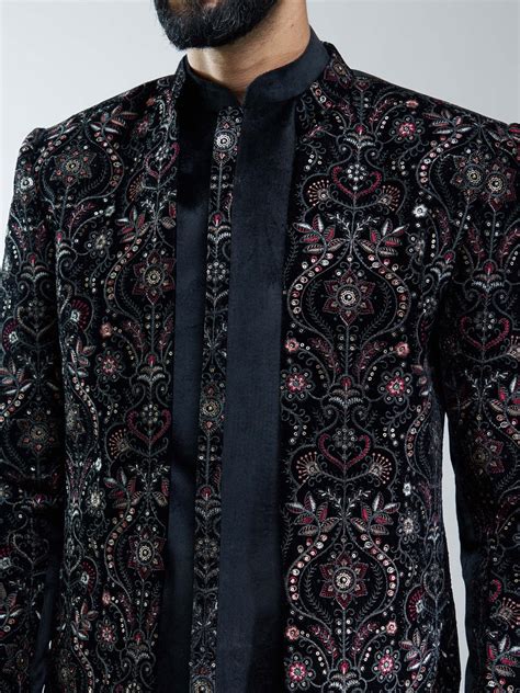 Men Black Velvet Embroidered Indo-Western Pant Set – Wedding Wear