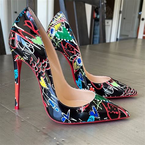 Christian Louboutin So Kate Graffiti Stiletto Mm Black Patent Sz