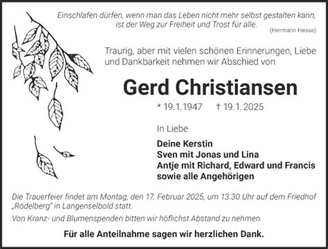 Traueranzeigen Von Gerd Christiansen Trauer Gnz De