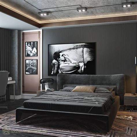 Modern Black And White Bedroom With Large Wall Art