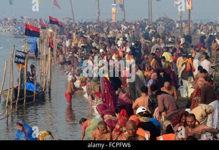 Allahabad India 24th Jan 2016 A Sadhu Blowing Conch Shell After