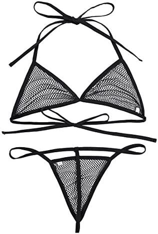 Amazon ACSUSS Women S 2Pcs Sheer Fishnet Sexy Bikini Swimwear Halter Bra G String Set