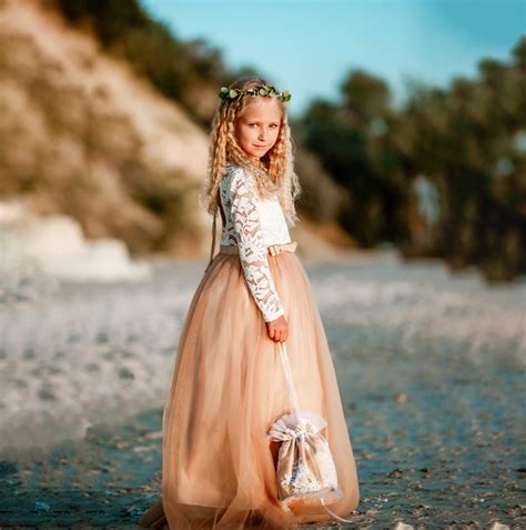 Lace Flower Girl Dress Nude Tulle Wedding Party Etsy