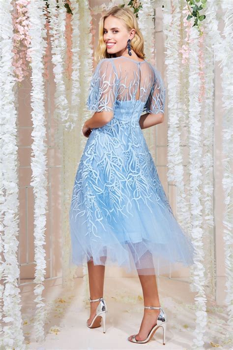 Goddiva Embroidered Mesh Midi Dress Powder Blue