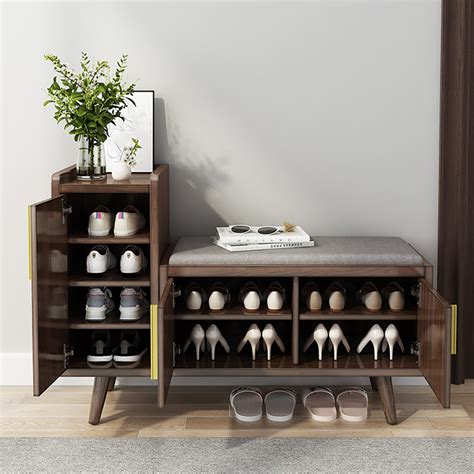 Walnut Wooden Shoe Storage Bench With Doors Shelves For