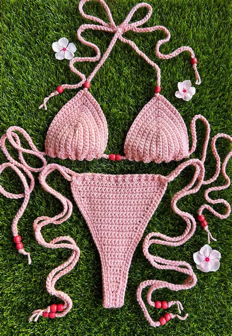 Hermosa Pink Wood Beaded Crochet String Bikini Set Etsy