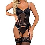 Amazon Popbee Lingerie For Women With Garter Sexy Teddy Lingerie Lace Bustier Bodysuit Set