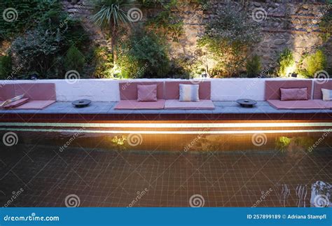 Stylish Illuminated Backyard Pool In Lush Green Tropical Garden With