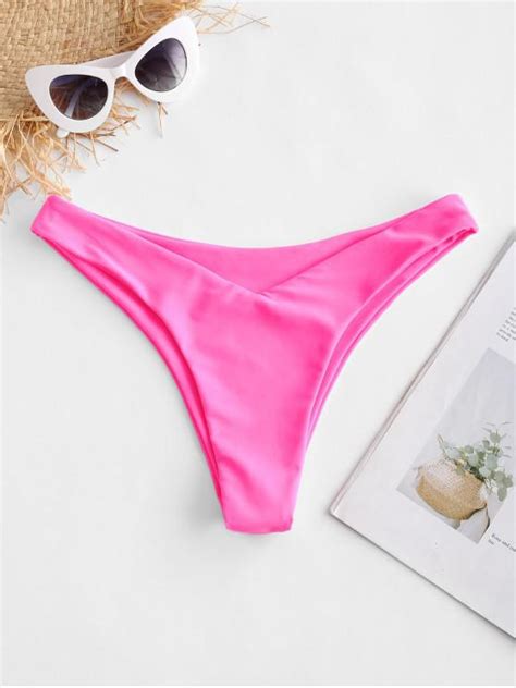 51 OFF 2021 ZAFUL V Front High Leg Bikini Bottom In HOT PINK ZAFUL